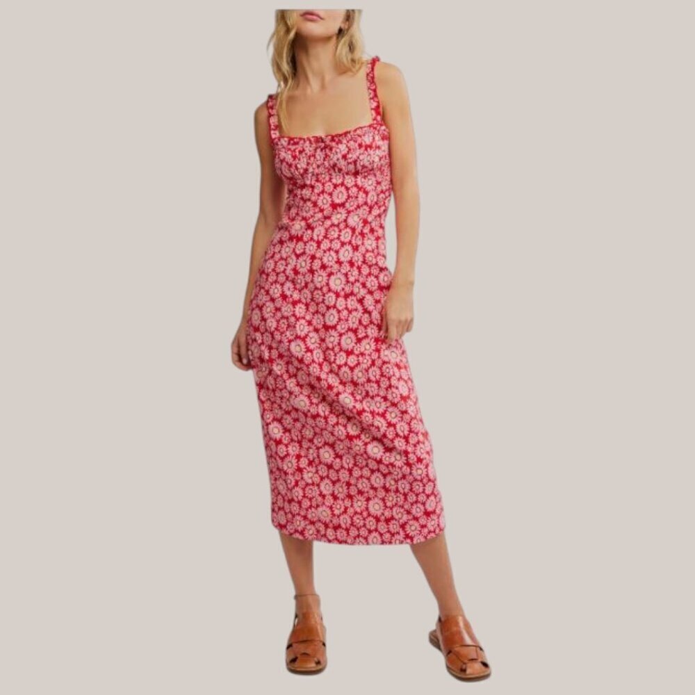 Free People Womens Lucinda Midi Red Dress In Tomato Daisy Smocked Back XL NWT